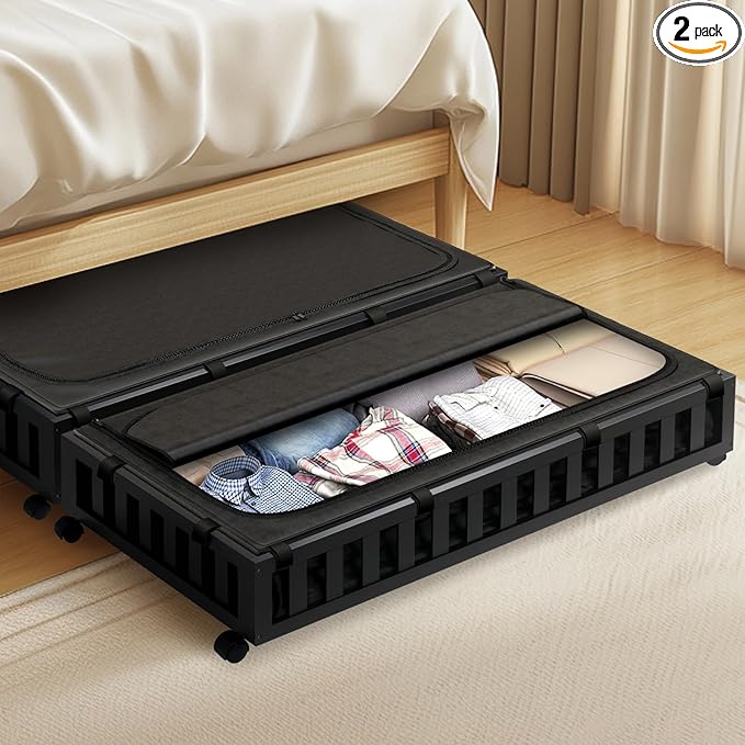 Gashell 2 Pack Bamboo Under Bed Storage with Wheels, 39”x20”x7.8” Lager Under Bed Storage Containers (Black)