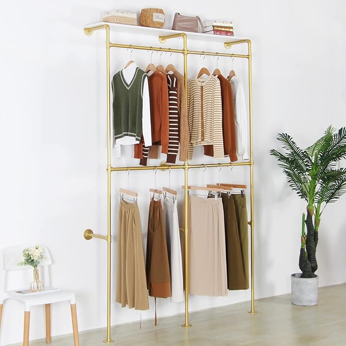 Modern Simple Industrial Pipe Double Hanging Rods Clothing Rack with Shelves, Heavy Duty Metal Clothes Rack Bedroom Freestanding Wardrobe Closet Rack, 93in Gold