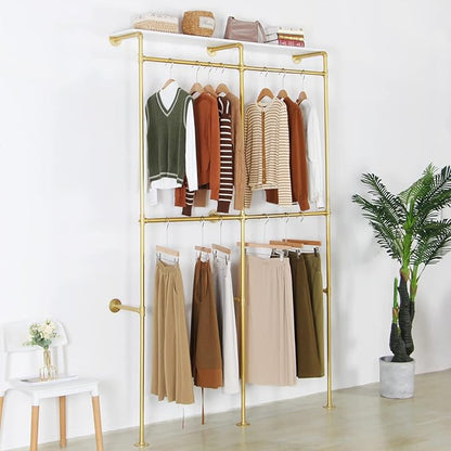 Modern Simple Industrial Pipe Double Hanging Rods Clothing Rack with Shelves, Heavy Duty Metal Clothes Rack Bedroom Freestanding Wardrobe Closet Rack, 93in Gold