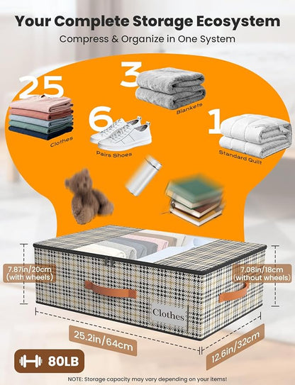 TOSKING Under Bed Storage with Wheels (2 Pack) with 4 Vacuum Bags, 7.9" Height Rolling Underbed Storage Containers, 900D Oxford Heavy Duty Drawer, 80lbs Load Organizer for Clothes, Shoes, Houndstooth