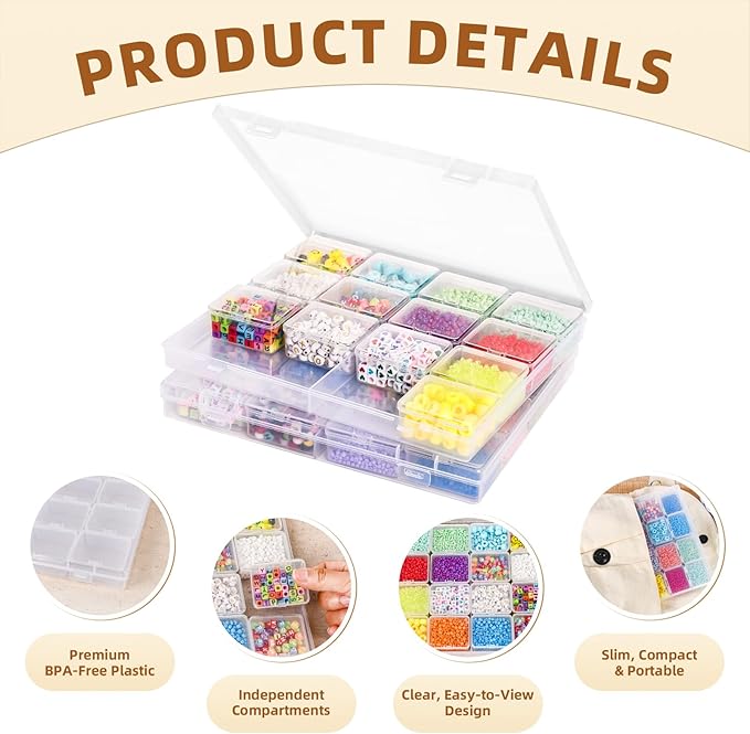Cokapo Bead Organizer Box, 64 Pcs Clear Bead Storage Containers, Craft Organizers and Storage with Hinged Lids and Labels, Small Plastic Containers Boxes for Jewelry, Seeds, Nail Art, Small Parts