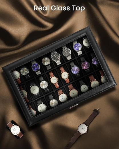 Uten 24-Slot Watch Box, PU Leather Watch Case with Glass Lid, Watch Holder Organizer with Soft Pillow and Velvet Lining, Watch and Jewelry Storage Box