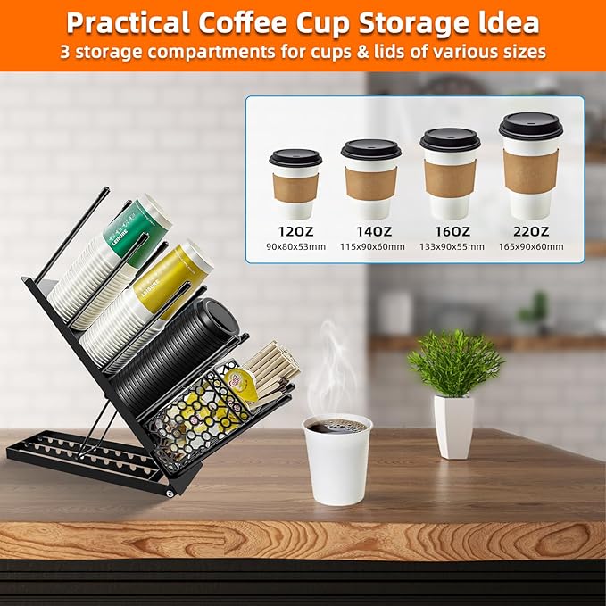 Coffee Cup and Lid Holder with Straw Holder/Coffee Clean Brush, Metal Adjustable Bar Organizer 4 Compartment Cup Dispenser Organizers for Station Home Countertop Bar Breakroom (Black)
