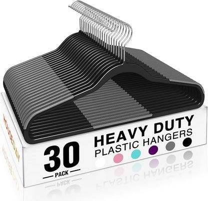 HOUSE DAY Heavy Duty Plastic Hangers 30 Pack, Non Slip Clothes Hangers with Rubber Pads and 360° Hook - Thin 0.2 Inch, Space Saving Coat Hanger Black, Closet Organizer for Shirt, Pants, Suit, Skirt