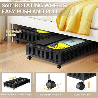 Gashell 2 Pack Bamboo Under Bed Storage with Wheels, 39”x20”x7.8” Lager Under Bed Storage Containers (Black)