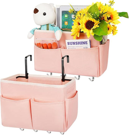Retyion Bedside Storage Bag with 4 Hooks Multi-Function Hanging Organizer Caddy for Headboards Bunk Bed Hospital Bed (2Pack Pink)