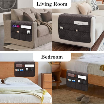 HADEEONG Couch Armrest Organizer Remote Control Holder Bedside Caddy with 6 Pockets, Non-Slip Armchair Caddy Sofa Armrest Organizer for Tv Remote Control, Magazine, Cell Phone, Chocolate