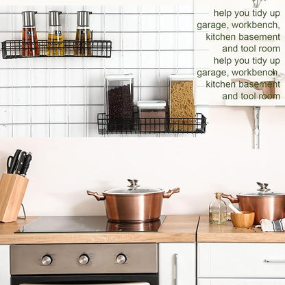 Blulu 4 Pcs 15.75 x 5.91 x 1.97 Inch Metal Grid Wall Baskets with Hooks Grid Wall Shelves Hanging Wire Basket Multi Function Storage Organizer for Kitchen Organizing Display (Black)