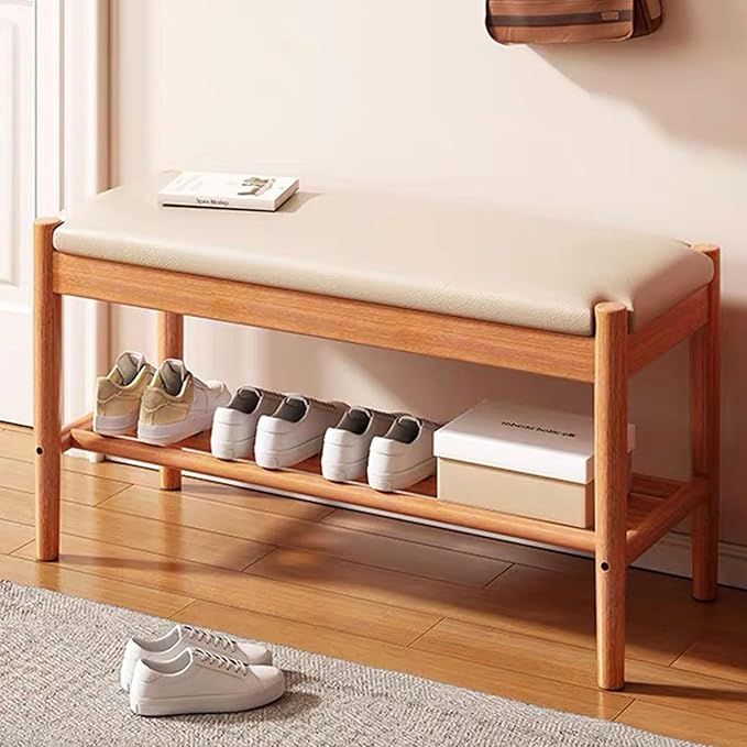 Solid Wood Shoe Bench with Cushion, 2-Tier Shoe Rack for Front Door Entrance, Enterway Benches with Shoe Storage (Walnut, 39.4in)