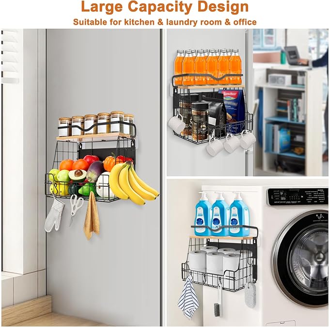Livabber Magnetic Fridge Organizer Basket with Wood Shelf, Large Fruit Vegetable Storage Bin, Spices Snacks Condiments Rack for Kitchen Pantry, Laundry Room, Office, Magnetic or Wall Mount (Black)