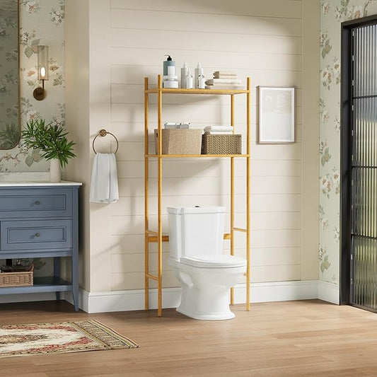 QSN SILK LU 2 Tier Over The Toilet Organizer Rack Bamboo, Freestanding Bathroom Toilet Storage Shelf, Space Saving and Easy to Install, Adjustable Feet, Adjustable Bottom Rod