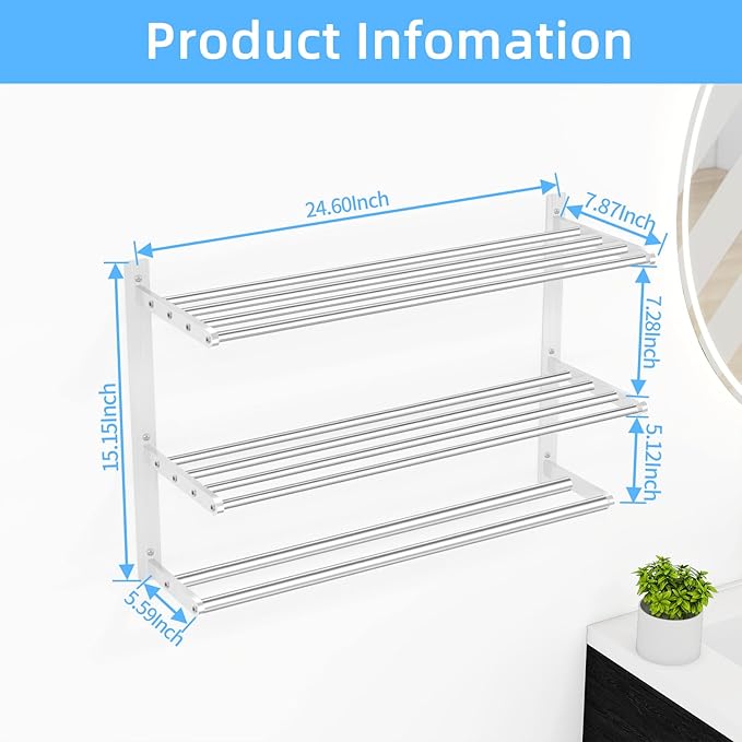 Bathroom Towel Rack 24", 3 Tier Towel Racks for Bathroom Wall Mounted, Bathroom Shelf with Double Towel Bar, Stainless Steel Towel Storage for Bathroom Lavatory Towel Holder Hanger, Brushed Nickel