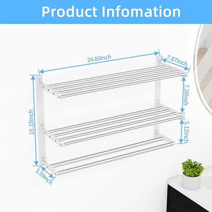 Bathroom Towel Rack 24", 3 Tier Towel Racks for Bathroom Wall Mounted, Bathroom Shelf with Double Towel Bar, Stainless Steel Towel Storage for Bathroom Lavatory Towel Holder Hanger, Brushed Nickel