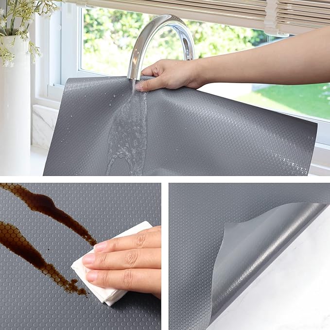 Shelf Liners for Kitchen Cabinets Non Adhesive Drawer Liner for Bathroom Waterproof Refrigerator Liners for Shelves Fridge Plastic Mats Cabinet Cupboard Liner Gray 2 Rolls 11.8 x 236.2 Inches