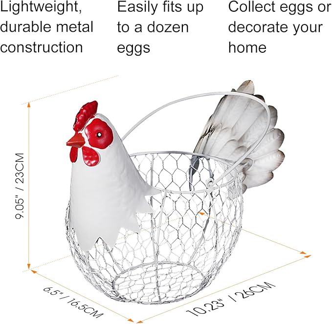 Farmhouse Rustic White Chicken Wire Metal Egg Basket With Handle,Vintage Rooster Decorative Chicken Shaped Fruit Basket Bowl for Kitchen Countertop Living Room Home Farm Table Decor