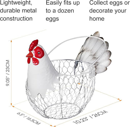 Farmhouse Rustic White Chicken Wire Metal Egg Basket With Handle,Vintage Rooster Decorative Chicken Shaped Fruit Basket Bowl for Kitchen Countertop Living Room Home Farm Table Decor