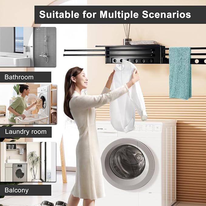 Wall Mounted Drying Rack, Aluminium Free Swinging Folding Drying Towel Rack Heavy Duty Wall Mounted Clothes Rack with 50lb Load Capacity, Foldable Space Saving Clothes Racks