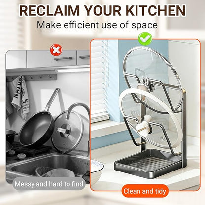 Kitchen Pot Lid Storage Rack for stove top 304 Stainless Steel Pot kitchen pot lid storage – Space-Saving Rack with Removable Drip Tray for Lids & Utensils Double layered Black