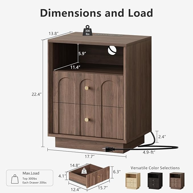 FORTUNETEC Nightstand with Charging Station, Mid Century Modern Nightstand with Arched Design, Minimalist End Table with Wood Grain Texture, Bedside Table for Bedroom Living Room Sofa Office, Walnut