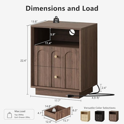 FORTUNETEC Nightstand with Charging Station, Mid Century Modern Nightstand with Arched Design, Minimalist End Table with Wood Grain Texture, Bedside Table for Bedroom Living Room Sofa Office, Walnut