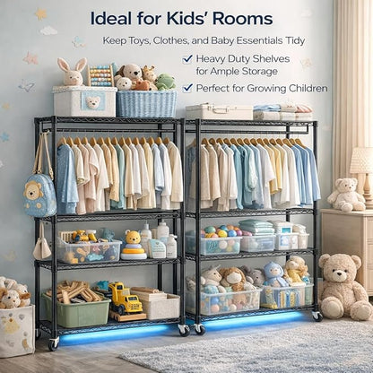 Heavy Duty Clothes Rack with Wheels, 43"W x 18"D x 81"H Rolling Garment Rack, 800 lb Capacity, 3-Tier Adjustable Shelves, Double Hanging Rods, 6 Hooks, Portable Closet Organizer, Tool-Free Assembly