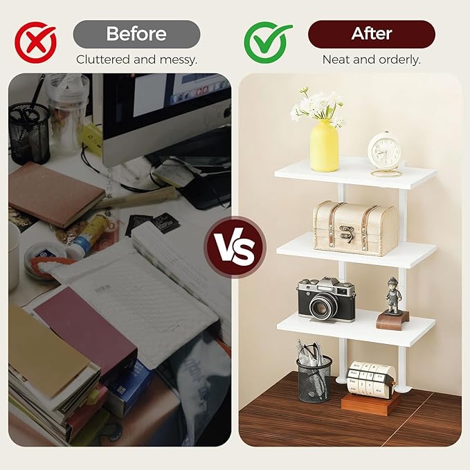 Clamp On Desk Organizer, 3-Tier Desktop Bookshelf, Adjustable Desk Storage Shelf, Metal Frame, for Office, Study and Game Room, White DSWT3601