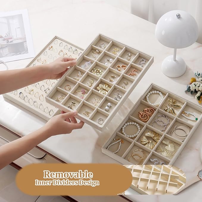 KATISYIO Large Velvet Jewelry Tray 2 Pack Stackable Jewelry Display Drawer Inserts Trays Organizer for Earring Bracelet Necklace Ring (Beige, 24 Grids)