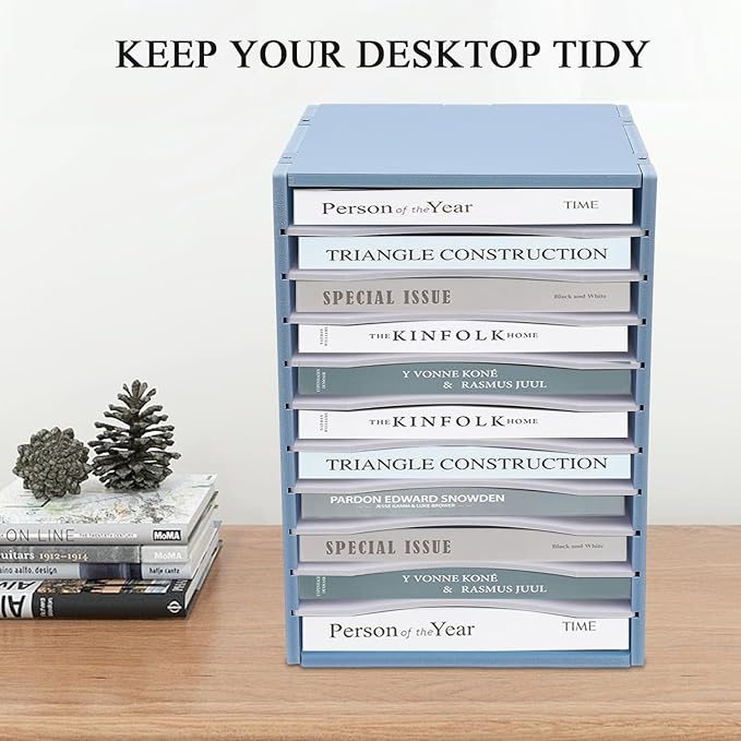 Vertical Desktop Sorter, 11 Slots Blue Mail Organizer Vertical File Organizer, PVC Paper Sorter Organizer with 11 Adjustable Compartments, Construction Paper Storage Mailbox for Home Office (Blue)