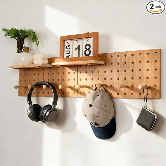 Pegboard Organization Set 2-Pack Beige Wooden Pegboards with Shelves & Hooks | Creative Display & Storage Solution for Home, Office, Bathroom