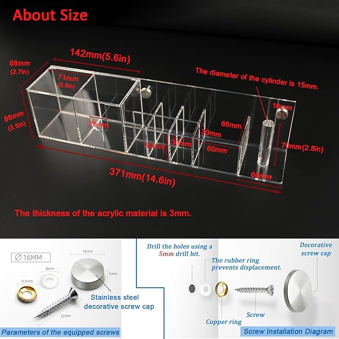YQUQAQN Wall-Mountable Arylic Makeup Organizer for Bathroom Countertop Organizer with 9 Slots for Small Items Clear Bathroom Storage Accessories 1 Pack with Decorative Screws