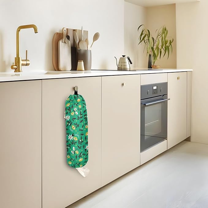 1 PC Plastic Bag Holder Wall Mount Grocery Bag Holder Shopping Bag Trash Bag Storage Organizer Dispenser for Kitchen Closet 22 x 9 Inch Small Flowers Green