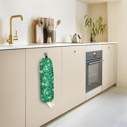1 PC Plastic Bag Holder Wall Mount Grocery Bag Holder Shopping Bag Trash Bag Storage Organizer Dispenser for Kitchen Closet 22 x 9 Inch Small Flowers Green