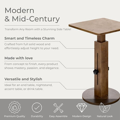 Behomes Aurin Solid Wood Nightstand, Mid Century Modern Side Table with Adjustable Height, Vintage Sofa End Table, Bedside Table for Bedroom, Living Room, Square Top, Walnut