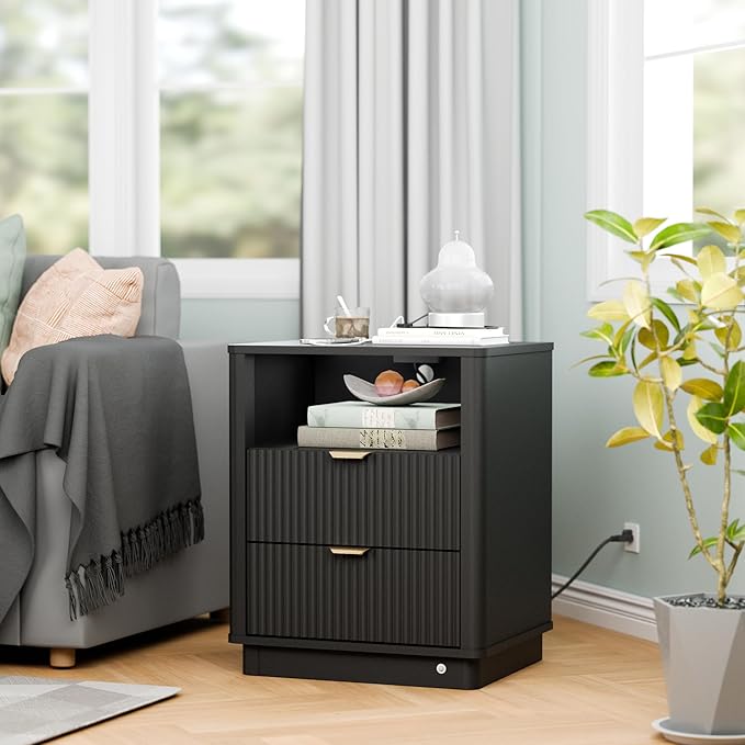 BONITURE Led Fluted Nightstand, Smart Curved Night Stand with Charging Station Lighting, Wood End Table with 2 Drawers, Modern Side Table Storage Cabinet for Bedroom Office,(1, Black)