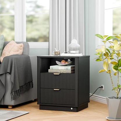 BONITURE Led Fluted Nightstand, Smart Curved Night Stand with Charging Station Lighting, Wood End Table with 2 Drawers, Modern Side Table Storage Cabinet for Bedroom Office,(1, Black)