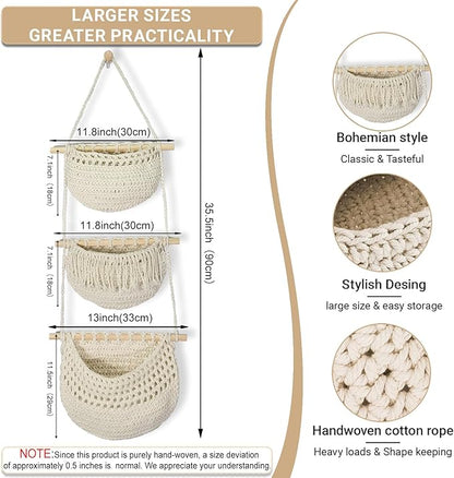 3 Tier Hanging Fruit Baskets for Kitchen, Boho Cotton Rope Handwoven Vegetable Hammock Produce Storage Wall Mounted Large Organizing Basket for Farmhouse Decor, Over The Door, Onion, Potato (White)
