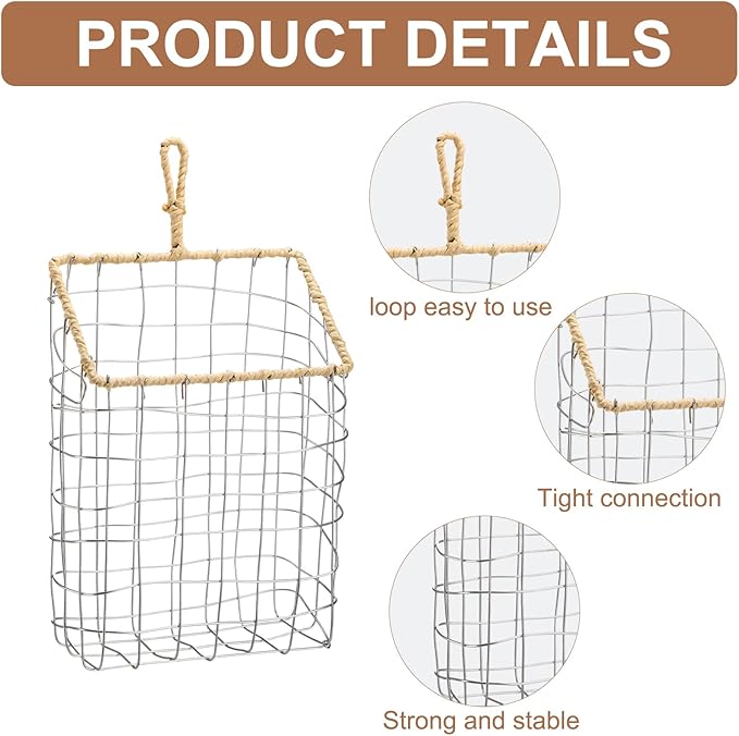 2 Pcs Hanging Storage Baskets Iron Wire Handwoven Wall Baskets with Wicker Hook Rustic Wall Mounted Organizer for Organizing Mail Files Accessories Kitchen Bathroom Pantry Farmhouse Decor