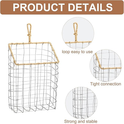 2 Pcs Hanging Storage Baskets Iron Wire Handwoven Wall Baskets with Wicker Hook Rustic Wall Mounted Organizer for Organizing Mail Files Accessories Kitchen Bathroom Pantry Farmhouse Decor