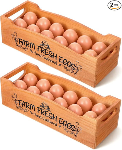 2 Pieces Wooden Egg Holder Countertop, Stackable 12 Capacity Farmhouse Rustic Pinewood Egg Storage Display Rack Basket with Handle, Eggs Organizer Stand Box with “Farm Fresh Eggs” Print