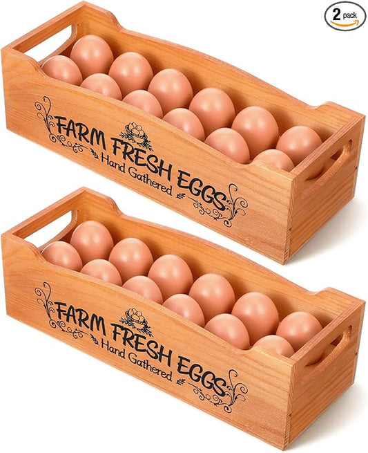 2 Pieces Wooden Egg Holder Countertop, Stackable 12 Capacity Farmhouse Rustic Pinewood Egg Storage Display Rack Basket with Handle, Eggs Organizer Stand Box with “Farm Fresh Eggs” Print