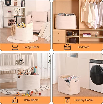 White Laundry Basket, Blanket Baskets for Living Room, Cotton Rope Baskets for Storage, Woven Basket for Blankets, Toys, Clothes, Shoes, White, 25”x16”x16” (105L)