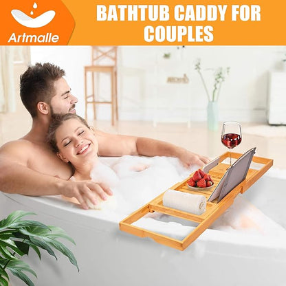 Artmalle Luxury Bathtub Caddy Tray for Tub - Foldable Bamboo Bath Table Tray with Book and Wine Glass Holder, Expandable Bathroom Accessories for Spa or Reading Lite Style