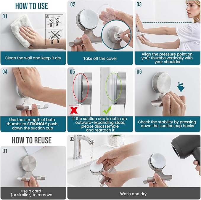TAILI 2 Pack Powerful Suction Cup Razor Holder, 304 Stainless Steel Bathroom Suction Hooks for Towel, Loofah, Bathrobe, Stylish Shaver Holder for Shower Wall, Easy to Install and Reuse, Silver
