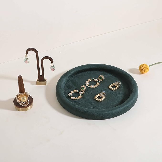 GemeShou Round Jewelry Organizer Plate, Top Microfiber Velvet Jewelry Display Tray, Empty Jewelry Showcase Tray for Necklaces, Bracelets, Rings, Earrings (Green-Medium, 7.9 x 7.9 in)