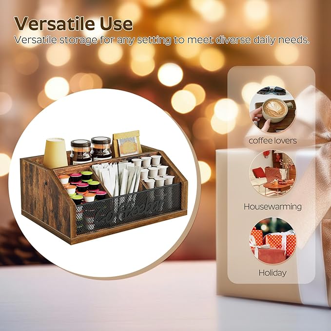 Coffee Pod Organizer, Wooden Coffee Bar Organizer for Countertop, Versatile Pod Holder with Dividers, Holds Syrup, Cups, Tea Bags, Easy Assembly, Rustic Brown KH11BR