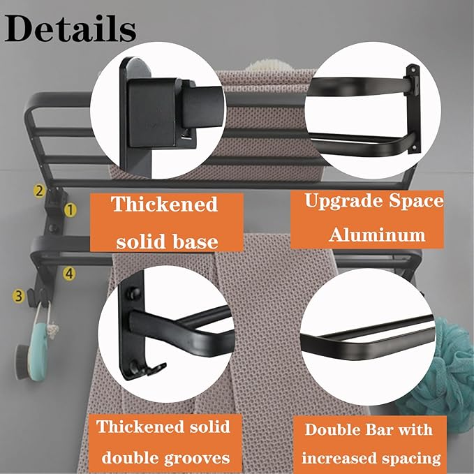 Towel Rack for Bathroom, Bath Towel Holder with Double Towel Bar and Foldable Towel Shelf, Rustproof Towel Organizer Wall Mounted Towel Storage Hanger for Bath/Balcony/Lavatory(16In Black)
