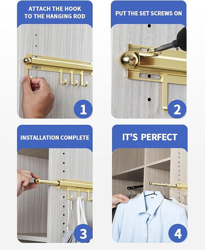BaiNong 16.5 inch Valet Rod for Closets Pull Out Closet Valet Rod Slide Out Extra long Gold Valet Rods for Closets With 6 Hooks