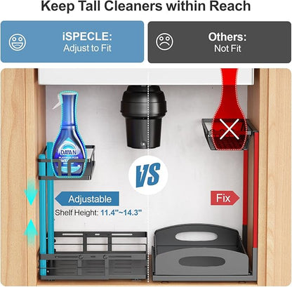 iSPECLE Under Kitchen Sink Organizer - 1 Pack Height Adjustable Pull Out Cabinet Organizer Fit Around Plumbing & Disposal, Heavy-Duty Undersink Storage Sliding Get Item for 30" - 36" Wide Sink Cabinet