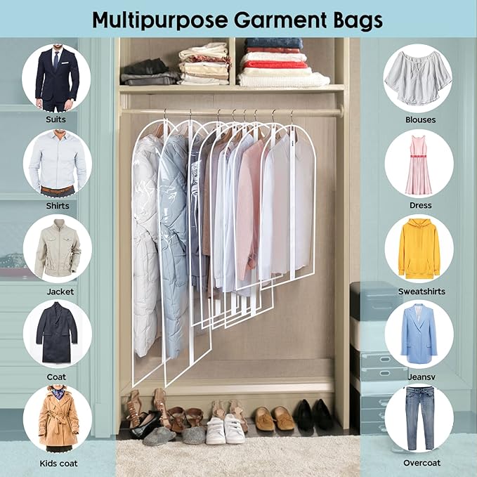 Garment Bags for Hanging Clothes, SMINDER Clear Plastic Bags Full Zipper Suit Bags PEVA Breathable Lightweight Garment Covers for Closet Storage, Suitable for Shirts, Jackets, Gowns (24" x 40"/8 Pack)