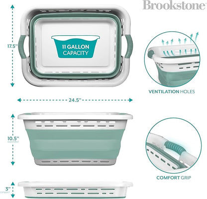 BROOKSTONE 11 GALLON XL 24" Collapsible Laundry Basket, Comfort Non-Slip Grip Handles, Modern Minimalist Space Saving Design, Portable Pop-Up Hamper, BPA FREE, Mint, 1 Basket